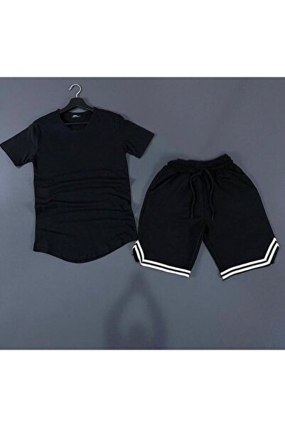 NO 601 Μαύρο μπλουζάκι με ίσιο οβάλ κόψιμο Μαύρο μονόχρωμο σορτς με ρίγες