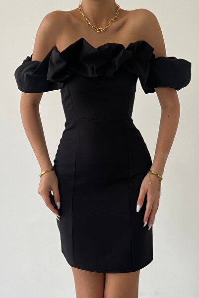 lovebox Kadın Atlas Kumaş Fırfırlı Yaka Tasarım Siyah Mini Abiye Elbise 223