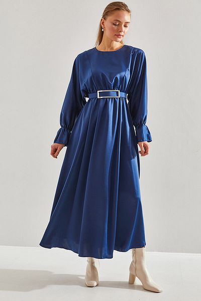 Bianco Lucci Modest Women's Belted Balloon Sleeve Satin Hijab Dress60151013