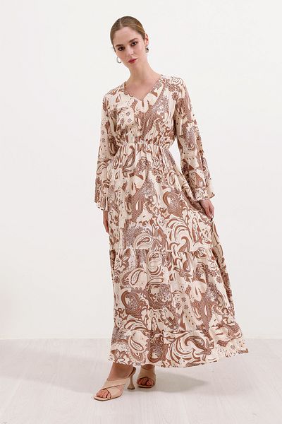 Bigdart 2454 Patterned Long Dress - Tan