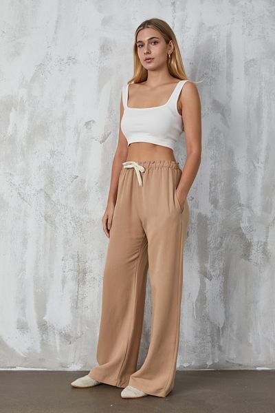 minaaise Camel Linen Loose Cut Lace Detailed Trousers 27057