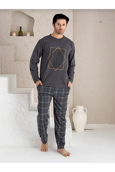 tubgen Καλοκαιρινή βαμβακερή μακρυμάνικη ανδρική πιτζάμες με τσέπες