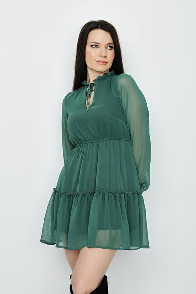 Select Moda Women's Green Balloon Sleeve Ruffle Chiffon Dress