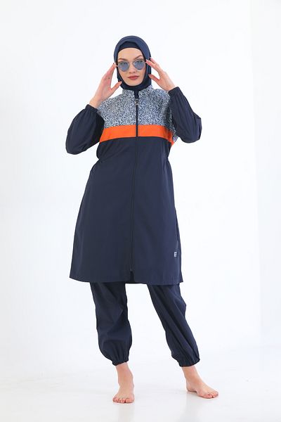 Elif Okur Full Covered Micro Hijab Swimsuit Navy Blue 7551