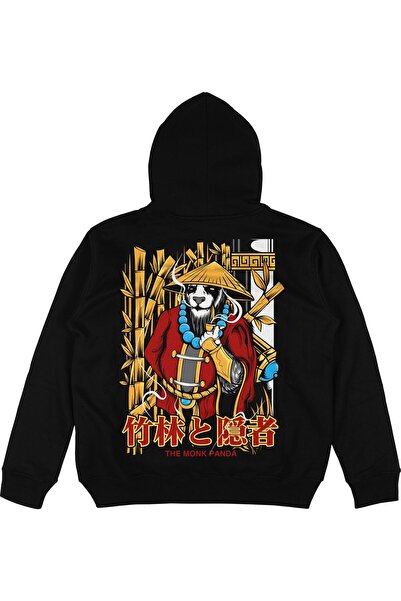 Adrift Монах Панда Черно Овърсайз Унисекс Суитшърт с Качулка