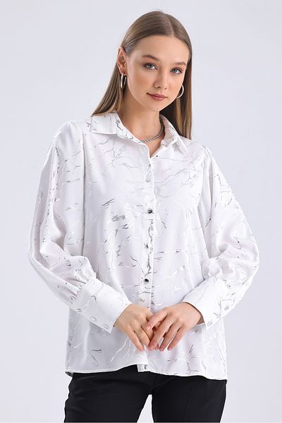 MD trend Women's Silver Foil Patterned Balloon Sleeve Oversize Satin Shirt