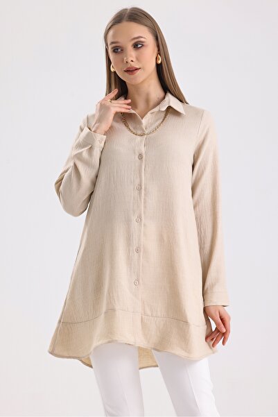 MD trend Women's Necklace Detailed Flounced Wide Cut Linen Tunic