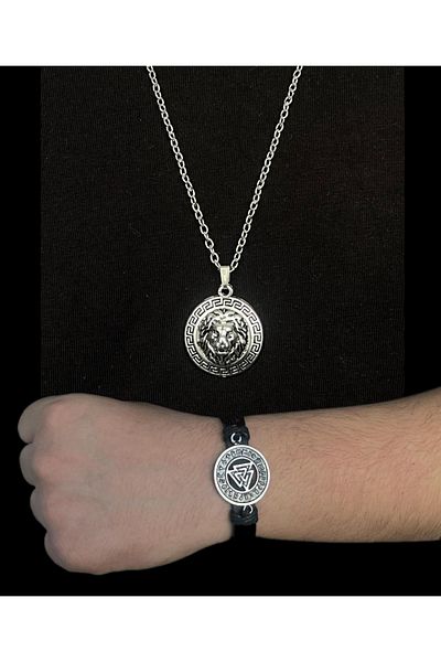 BSN Store 2-Piece Combination Lion Figured Axe Figured Necklace and Valknut Figured Genuine Leather Bracelet