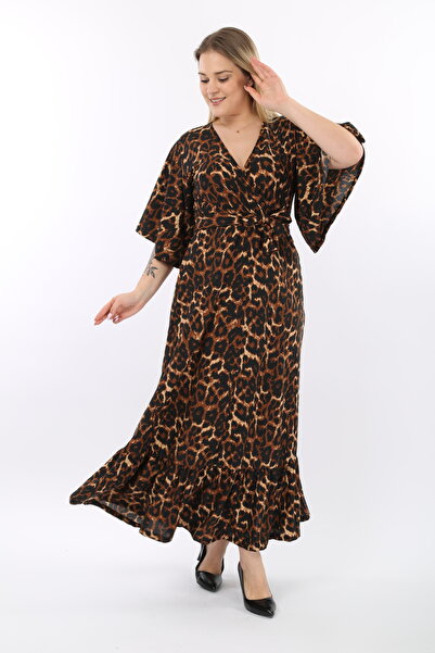 Azra Style Double Breasted Collar Skirt Ruffle Crepe Belted Dress 5010 Black Leopard