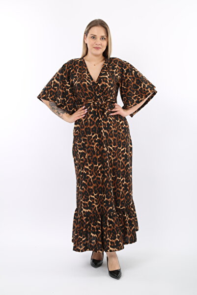 Azra Style Double Breasted Collar Skirt Ruffle Crepe Belted Dress 5010 Black Leopard