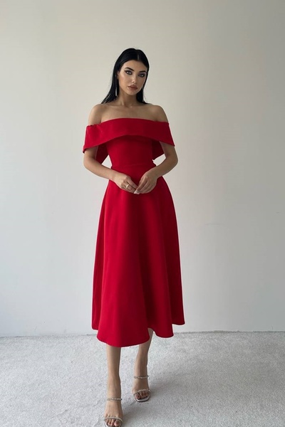 WOMAN VISION Női piros atlasz szövet Madonna gallérral kiszélesedő midi ruha 222