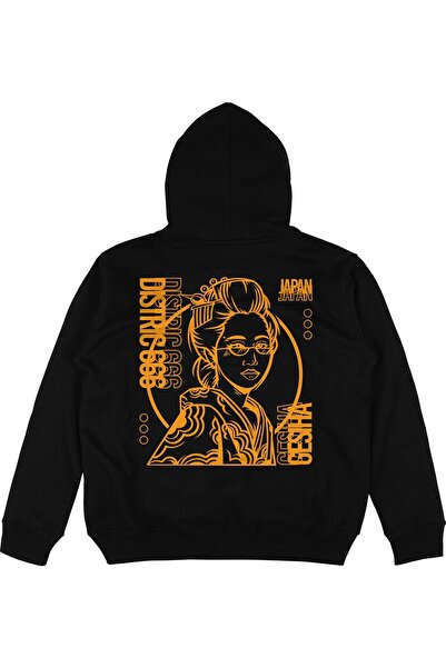 Adrift Hanorac cu glugă Geisha v2, negru, supradimensionat, unisex, stil japonez