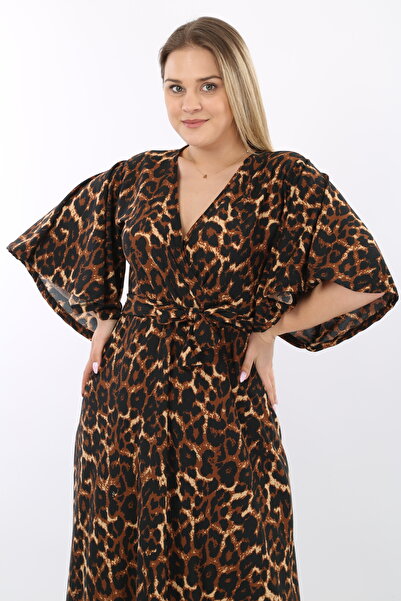 Azra Style Double Breasted Collar Skirt Ruffle Crepe Belted Dress 5010 Black Leopard