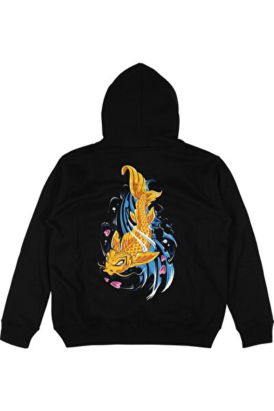 Adrift Hanorac cu glugă unisex, supradimensionat, negru, Fish