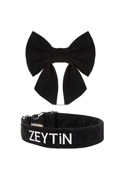 Lusi Doog Dişi Köpeklere için İsme Özel Köpek Tasması İsimli Köpek Tasması ve Dişi Köpek Papyonu (Kadife)