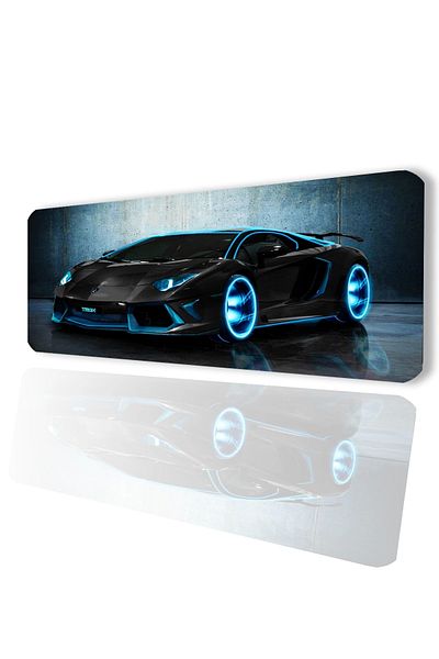 SonicTouch Геймърска подложка за клавиатура с тема Tron Race Car, неплъзгаща се, черна - 32x70 см, безшевна, за настолни компютри