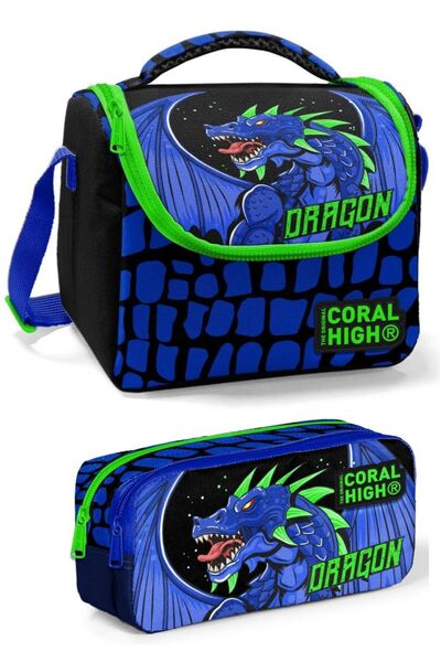 Coral High Rucsac de școală cu trei compartimente pentru bărbați, set cutie de prânz și suport pentru stilouri Blue Green Dragon