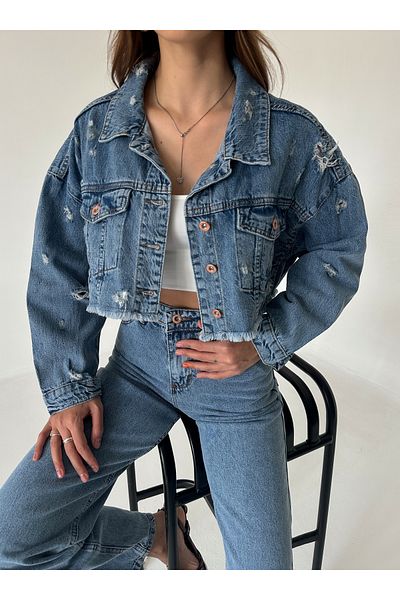 Laluvia Blaue, kurze Jeansjacke mit Laser-Print