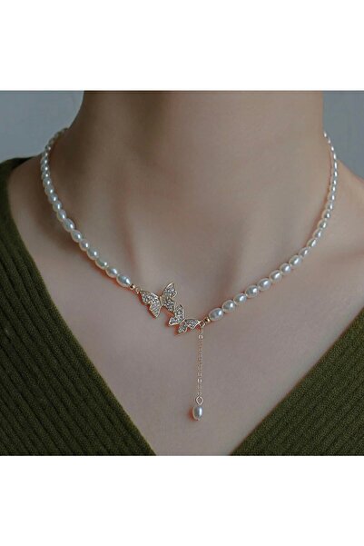 Takıtolia Butterfly Incili Altın Renk Kelebekli Düğün Gelin Özel Gün Sevgililer Günü Hediye Gerdanlık Kolye