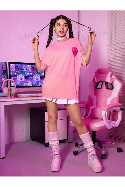 YUVEST Μπλουζάκι Blackrock - Τυπωμένο Oversize Crew Neck με κοντό μανίκι ροζ μπλουζάκι