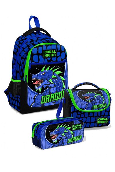 Coral High Rucsac de școală cu trei compartimente pentru bărbați, set cutie de prânz și suport pentru stilouri Blue Green Dragon