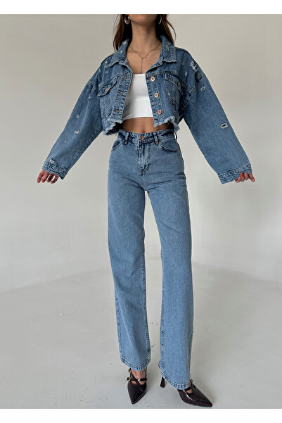 Laluvia Világoskék hómosás széles szárú, bő Palazzo Jean nadrág