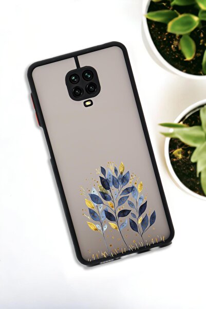 mooodcase Xiaomi Redmi Note 9 Pro Uyumlu Mavi Yaprak Desenli Buzlu Şeffaf Lüx Telefon Kılıfı