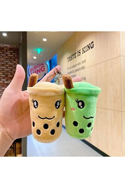 QUEEN AKSESUAR سلسلة مفاتيح مستوردة فاخرة لطيفة من القطيفة لمشروبات الحليب المخفوقة مع كرة ضغط باللون البني الفاتح