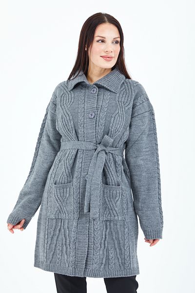 Stilmony Women's Gray Buttoned Pocket Belted Knitwear Wool Long Cardigan