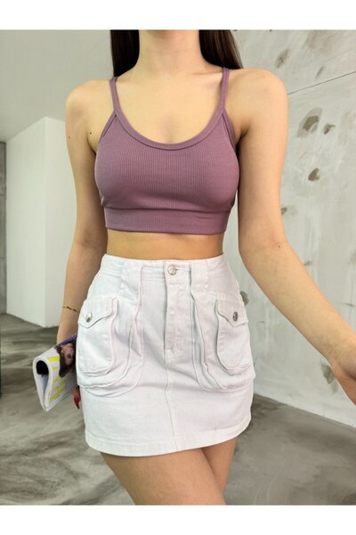 BİKELİFE Kadın İp Askılı Fitilli Pedli Örme Crop Top Bluz
