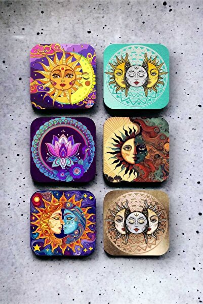 fırsatlar diyarı Sun and Moon Ahşap Bardak Altlığı Seti 6 Adet