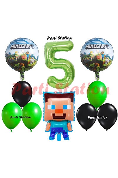 Parti Station Yeşil Rakam Balonlu Minecraft Konsept Doğum Günü 5 Yaş Balon Se...