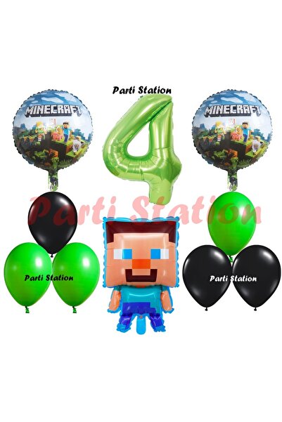 Parti Station Yeşil Rakam Balonlu Minecraft Konsept Doğum Günü 4 Yaş Balon Se...