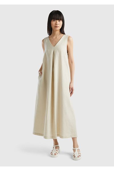 United Colors of Benetton Rochie midi fără mâneci cu decolteu în V din in bej - 100% linie A