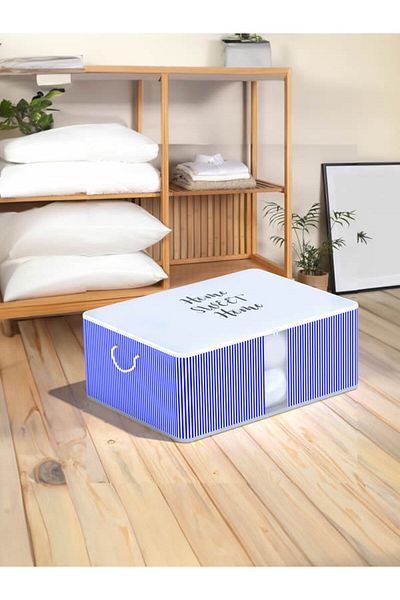 Timburly - Памучна чанта за съхранение с вертикални райета, синя, с надпис „Home Sweet Home“, която може да се пере, 22x46x62см, размер D10