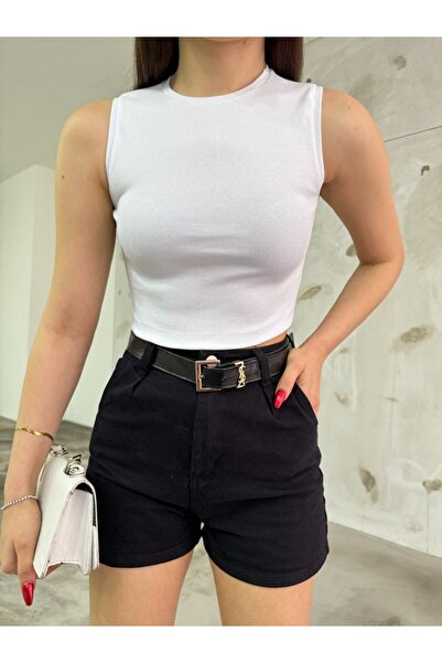 BİKELİFE Women's Corded Crew Neck Zero Sleeve Fitted/Fitted Crop Top Blouse