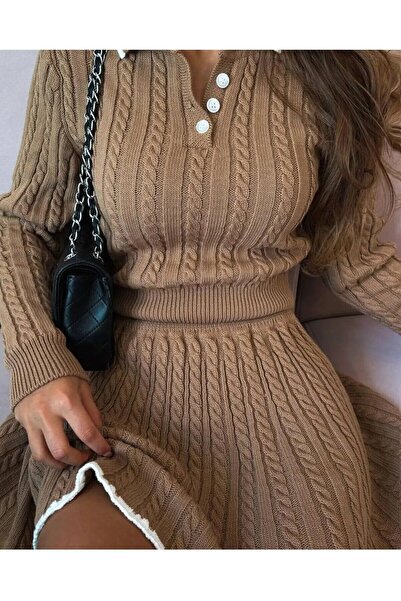 İKRAFASHİON The Women's Polo Collar Stylish Sweater Skirt is a Double Knitwear Set Lycra.