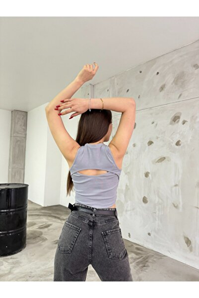 BİKELİFE Women's Corded Crew Neck Back Window Detailed Fitted/Fitted Crop Top Blouse