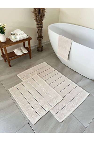 Bluenity Basic Stripe Natural Cotton 2-Piece Bath Mat Set 60x100 50x60 Cm Ecru / Black Striped