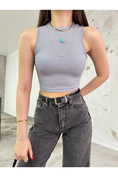 BİKELİFE Women's Corded Crew Neck Back Window Detailed Fitted/Fitted Crop Top Blouse