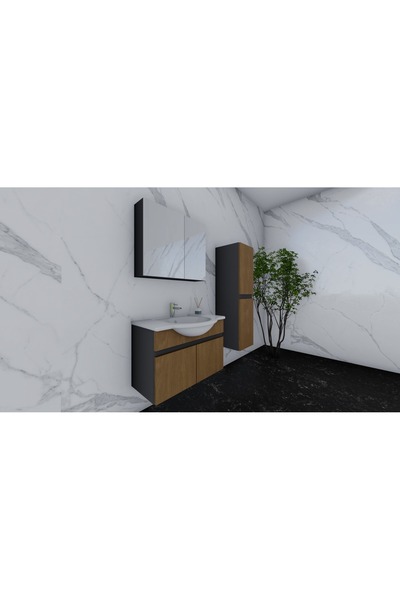 OVA MOBİLYA OVA'DAN 80+35 cm Antrasit Gri Mat-Atlantik Çam MDF Seramik Lavabolu Asma Banyo Dolabı Takımı