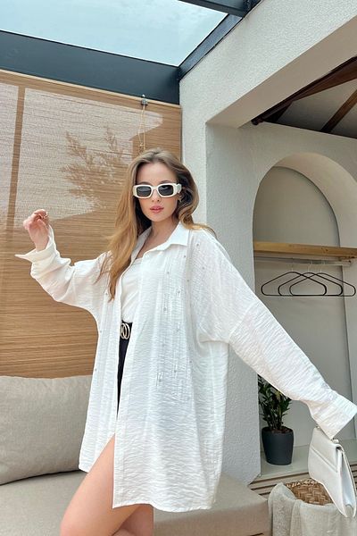 Bianco Lucci Women's Stone Embroidered Linen Ayrobin Shirt60161003