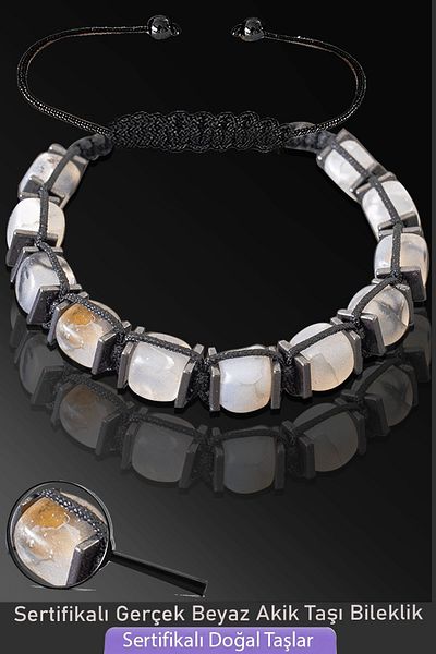 Tesbih Atölyesi Certified Cube Model Natural White Agate Stone Bracelet - Adjustable