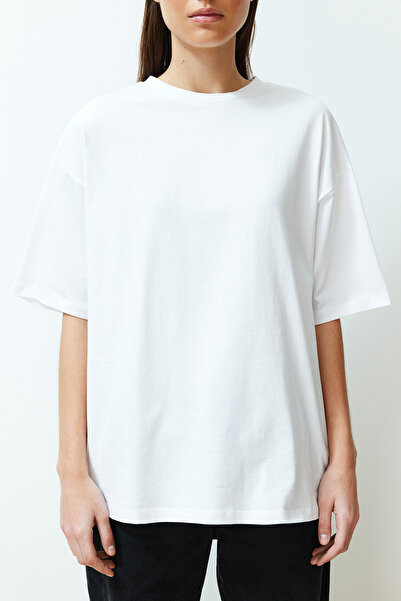 Trendyol Collection Tricou tricotat alb, 100% bumbac, cu slogan la spate imprimat oversize/fit larg TWOSS24TS00091