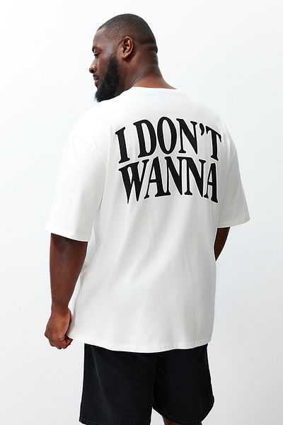 Trendyol Collection Large Size White Oversize Text Printed 100% Cotton Comfortable T-shirt TMNSS24BF00031