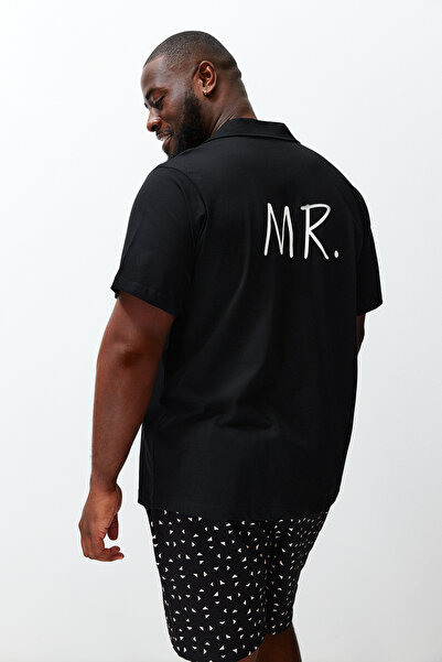 Trendyol Collection Black Regular Fit Printed Couple Knitted Plus Size Pajamas Set with Shorts TMNSS24AI00008