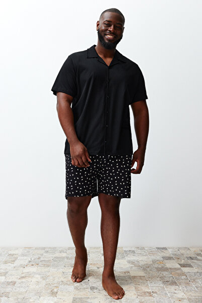 Trendyol Collection Black Regular Fit Printed Couple Knitted Plus Size Pajamas Set with Shorts TMNSS24AI00008