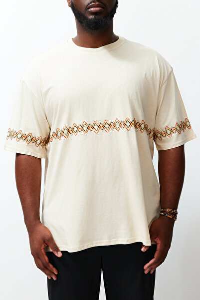 Trendyol Collection Ethnic Embroidery Comfortable Large Size T-Shirt - 100% Cotton, Wide Fit TMNSS24BF00008