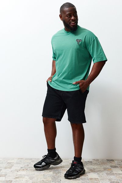 Trendyol Collection Velké zelené vyšívané oversize bavlněné tričko - Tmnss24Bf00025