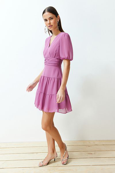 Trendyol Collection Pink Waist Opening Flounce Chiffon Lined Mini Woven Dress TWOSS24EL00634